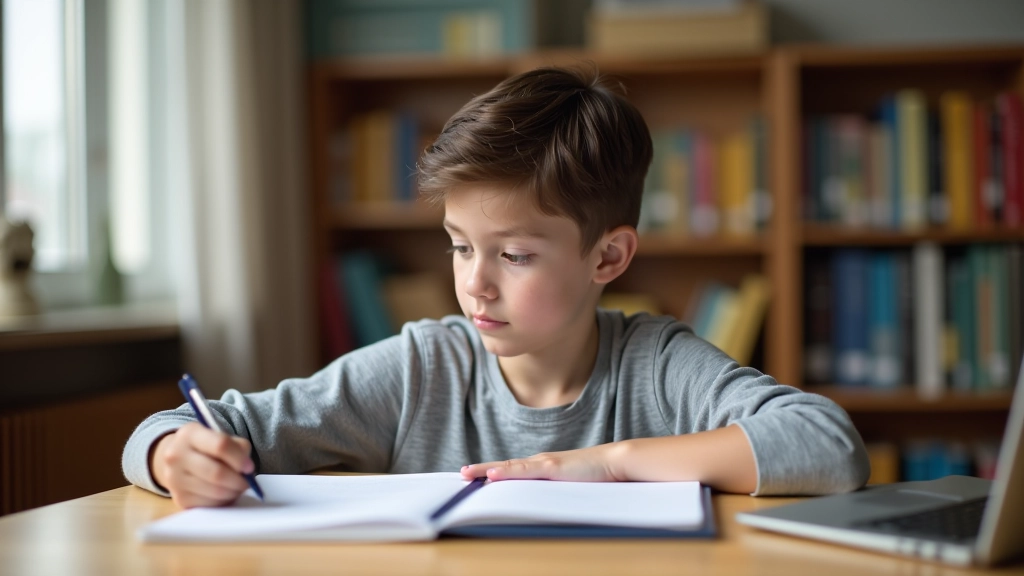High school student studying at wooden desk in library with focused expression