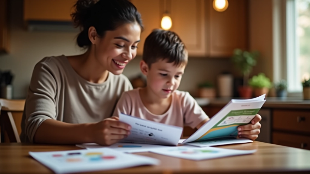 Parent and student reviewing school materials together at home, looking at brochures and documents