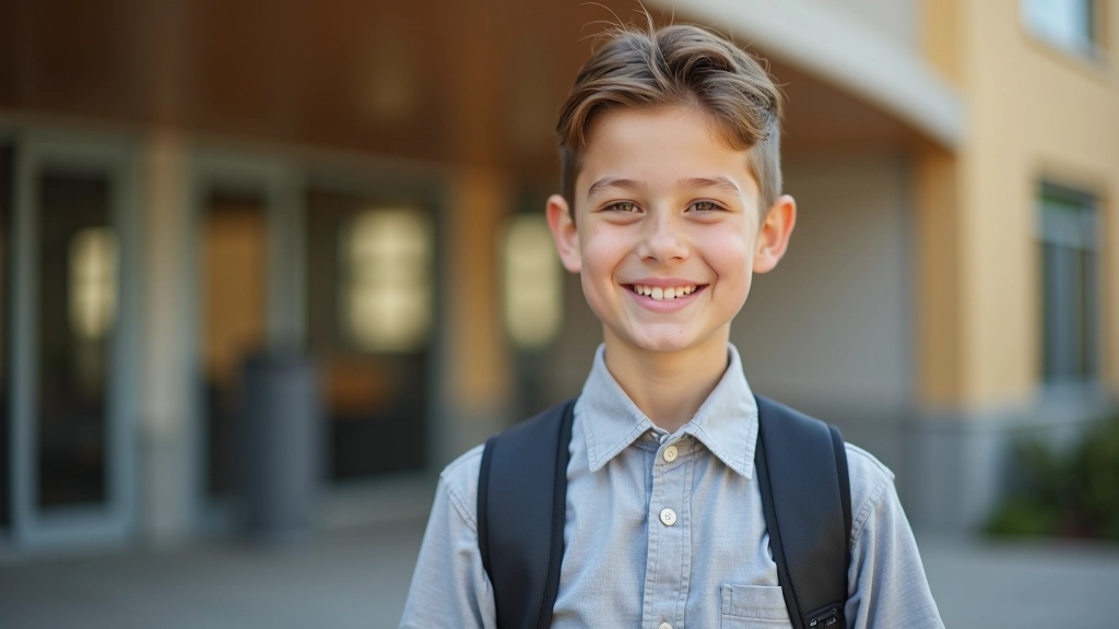 Happy young student walking into school building on first day, confident and excited expression