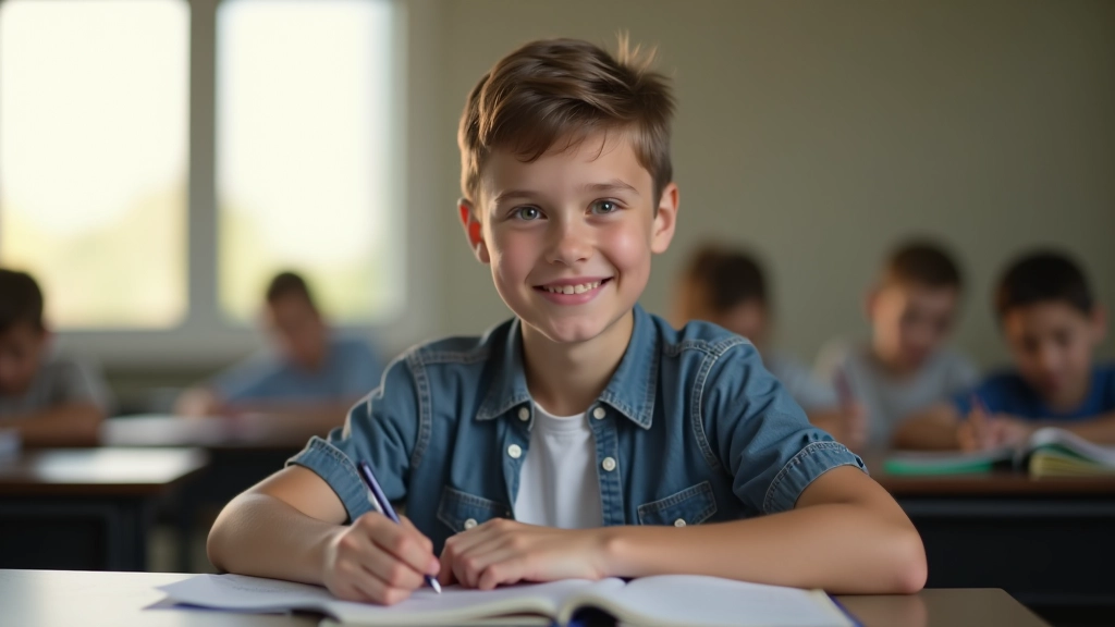 Student sitting in modern classroom with natural light, engaged with learning materials