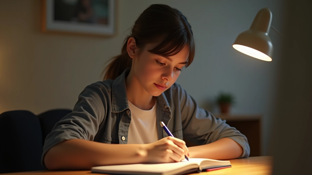 Student writing in notebook at desk with coffee and laptop, focused on essay composition