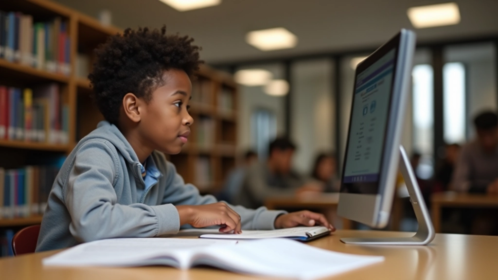 Student at library desk with career exploration materials and computer
