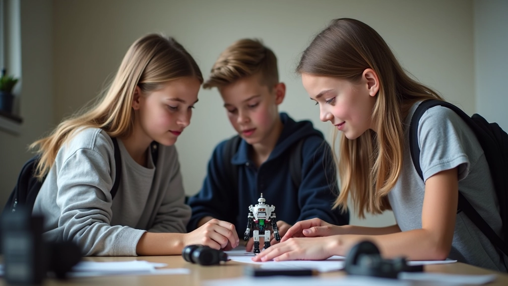 Students collaborating on a robotics project, hands-on STEM activity in school workshop