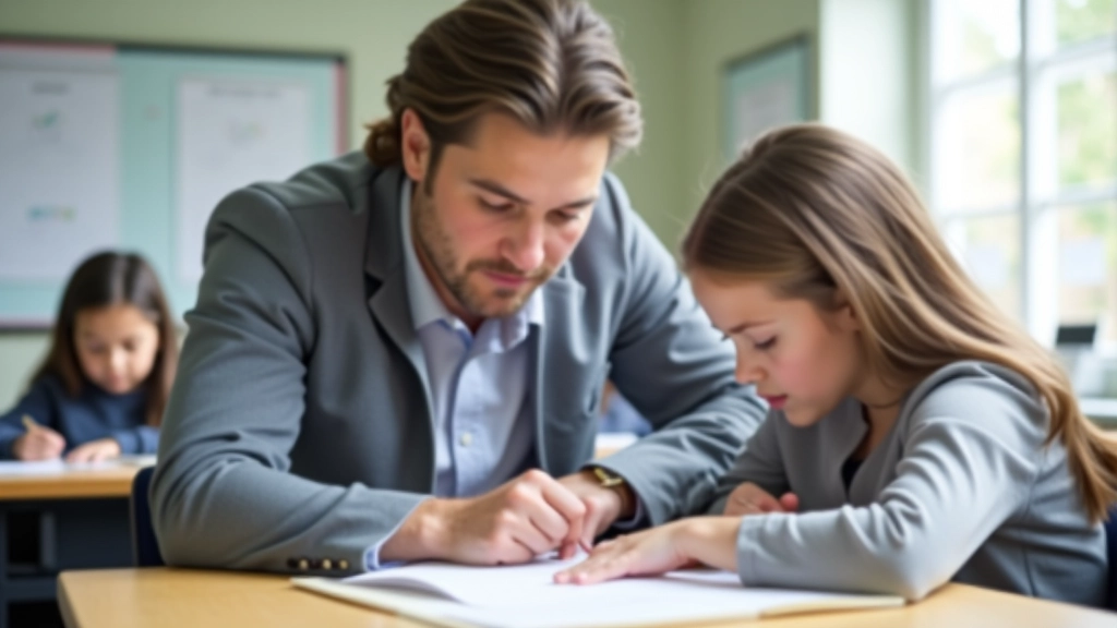 Teacher working one-on-one with student in well-lit classroom, pointing at educational materials
