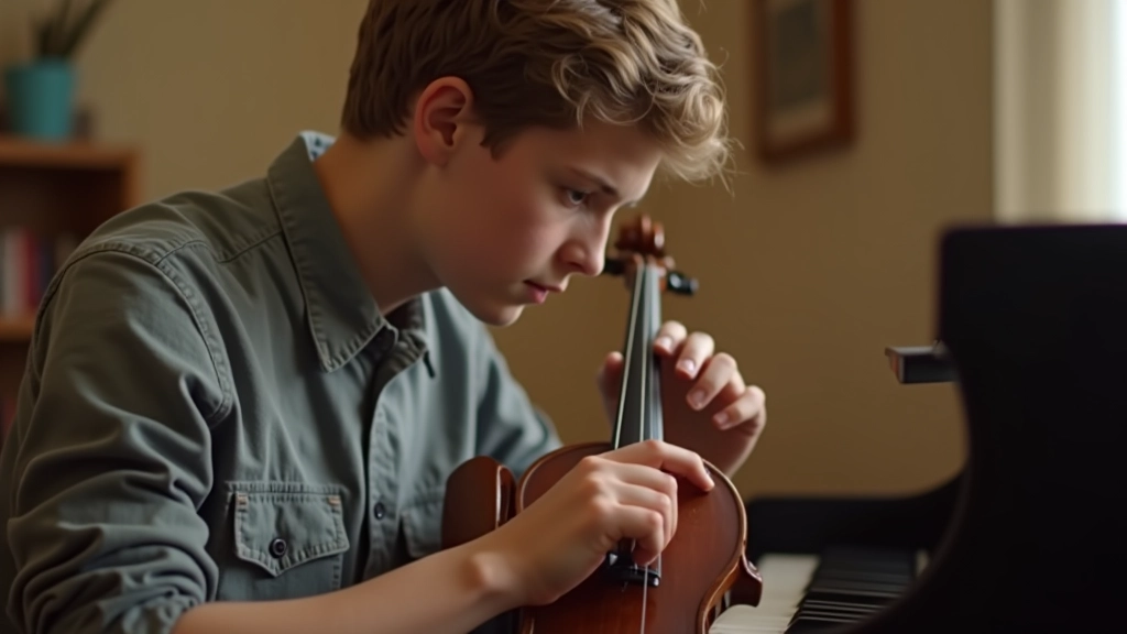 Student practicing musical instrument with focus and dedication in practice space